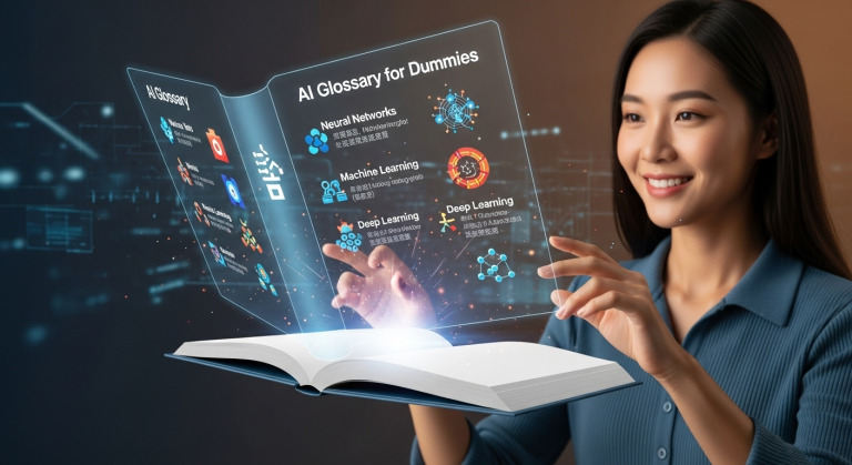 一位學習者開心地翻閱一本懸浮在空中的數位「AI專有名詞懶人包」，書中以發光的圖標和簡潔的文字解釋AI術語，象徵輕鬆無痛學習。