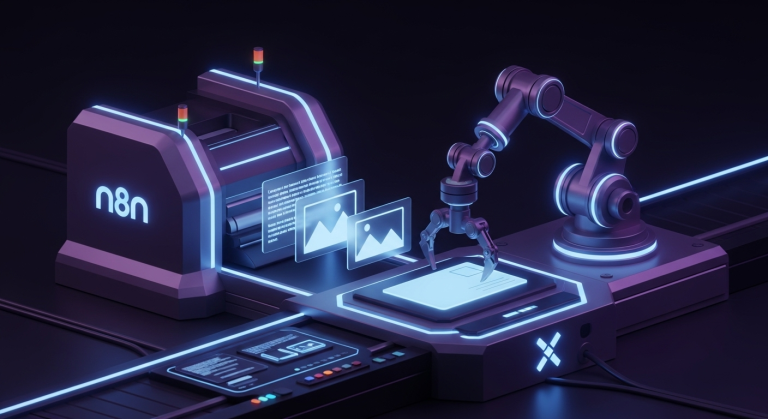 n8n X API 串接的示意圖,描繪一個自動化機械手臂將文字與圖片結合,並發佈到 X 平台,象徵解決了 n8n 發文無法上傳圖片的難題。