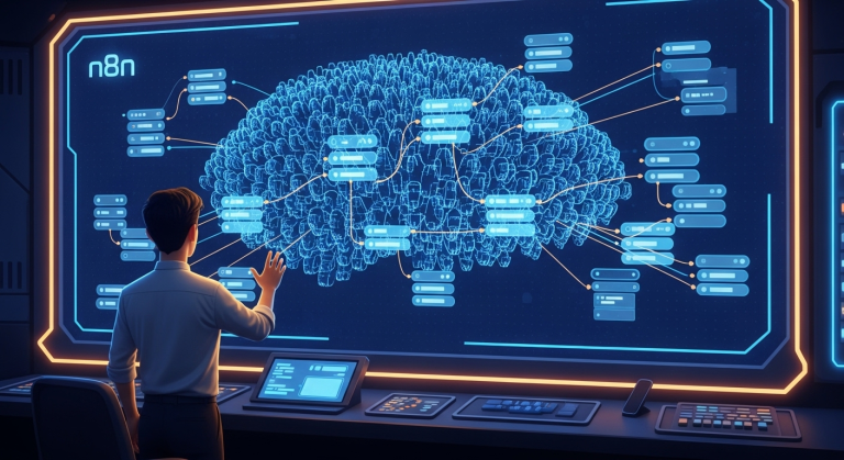 一名創業者正在指揮 n8n 自動化工作流,象徵透過 n8n 教學,打造 n8n 一人公司的強大生產力。