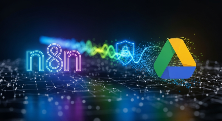 一張關於 n8n Google API 串接教學的示意圖，圖中呈現了 n8n 的 logo、Google Drive 的 logo，以及一條象徵自動化備份的數據流將兩者安全地連接起來。