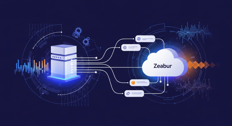 n8n免費部署自動化工作流程在Zeabur雲端平台部署示意圖,展示雲端伺服器與流程節點連接的視覺化概念