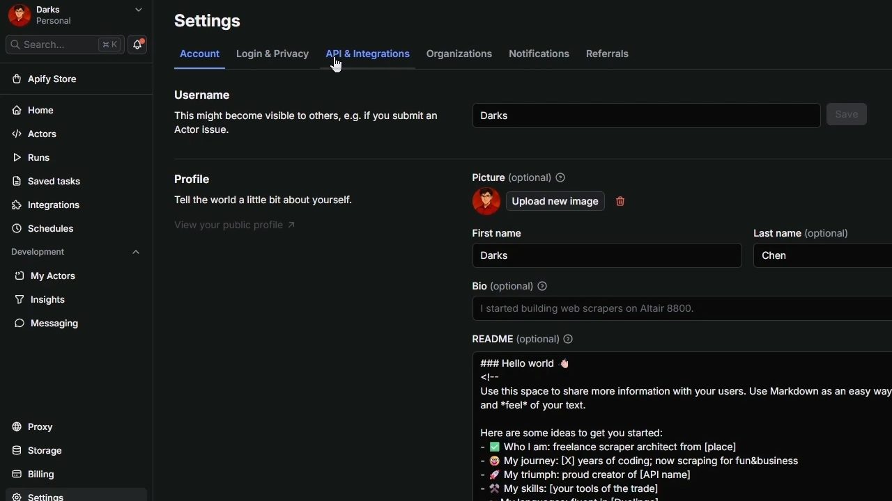 在Apify設定中選擇API & Integrations