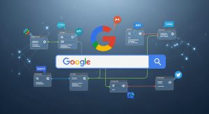 n8n自動化工作流介面結合Google搜尋欄與API節點，展示Google搜尋自動化流程圖。